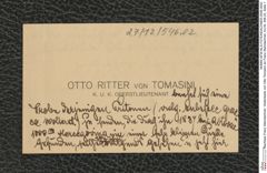 Nachlass Franz Steindachner, Visitenkarte von Otto Tomasini an Franz Steindachner, Inv.Nr. 546.02, Seite 1